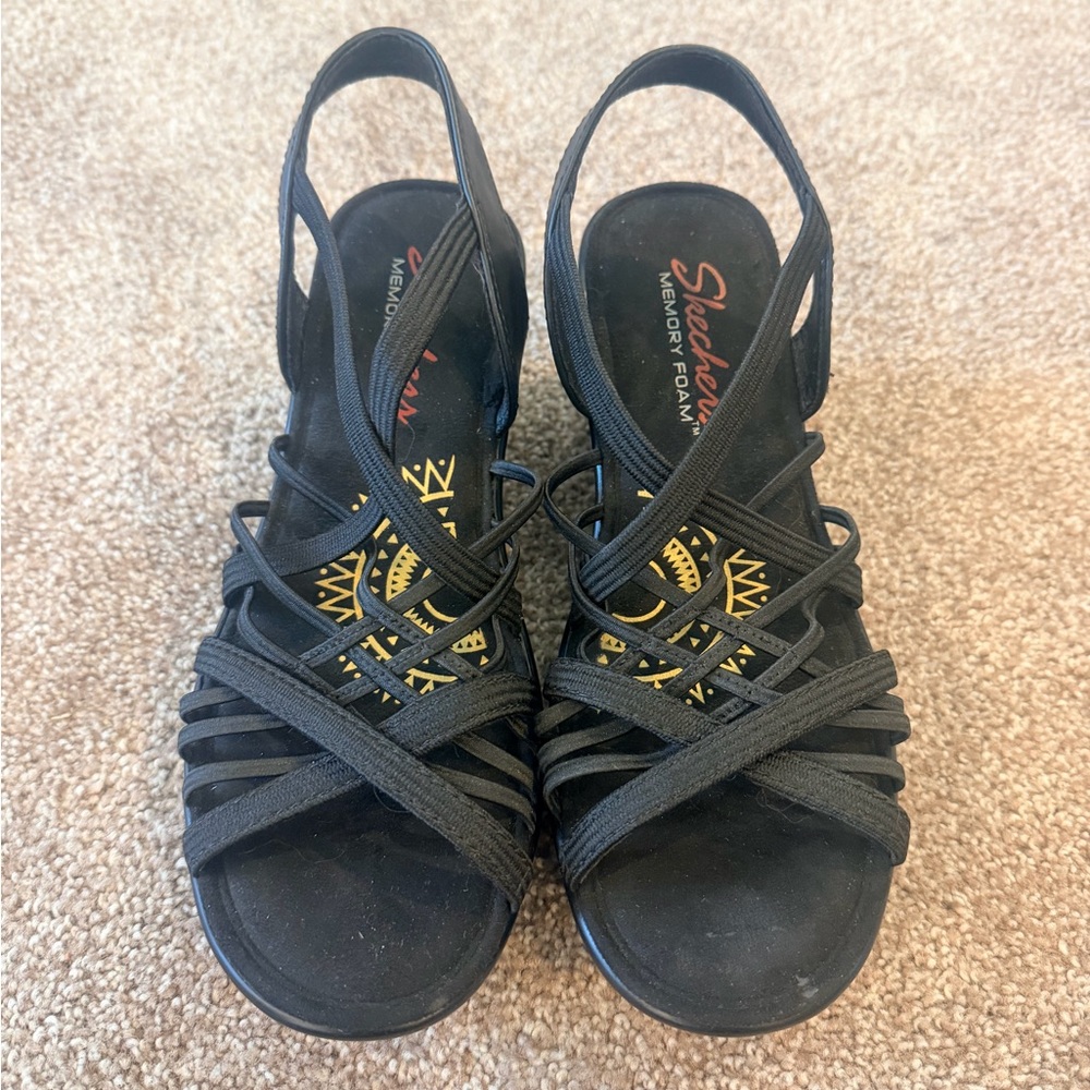 Skechers Black Crisscross Memory Foam Wedge Sandals- Size 6.5